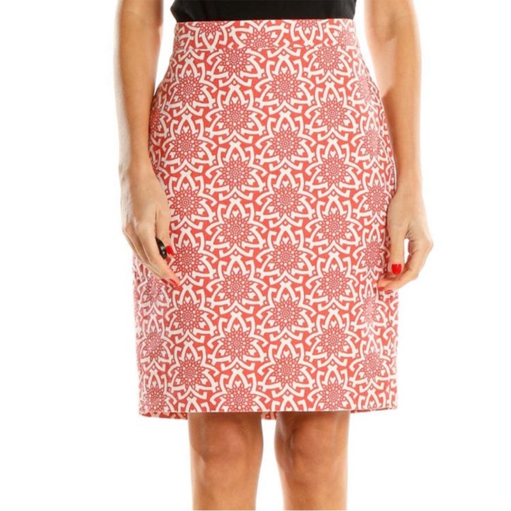 J. Crew White and Coral Printed Pencil Skirt